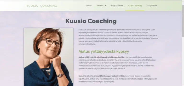 Kuusio Coaching kuva yrityksen sivuista, jossa on Aila Kuusion kuva