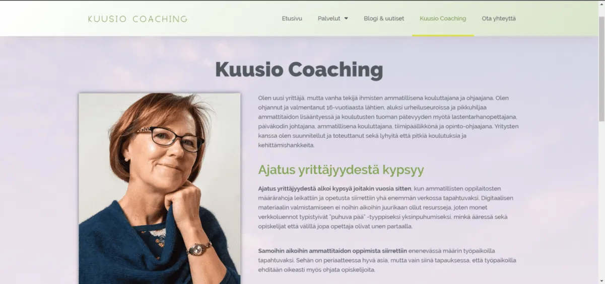 Kuusio Coaching kuva yrityksen sivuista, jossa on Aila Kuusion kuva